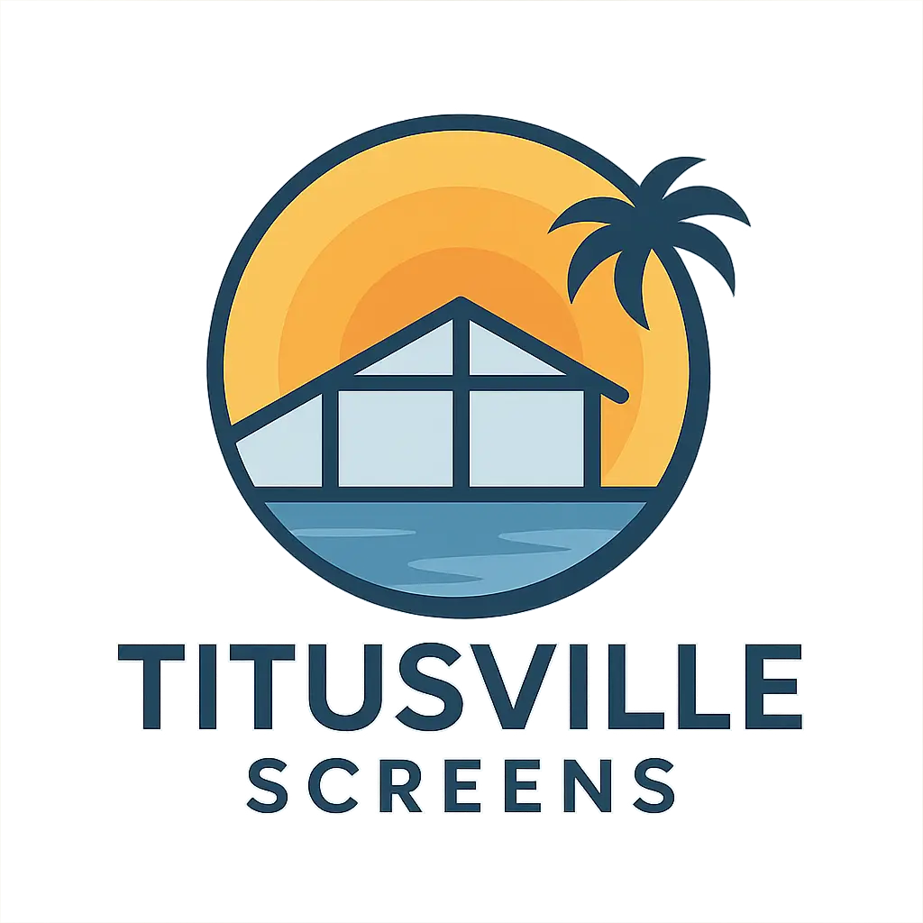 Titusville Screens company logo showing screened enclosure graphic with sunset and palm tree