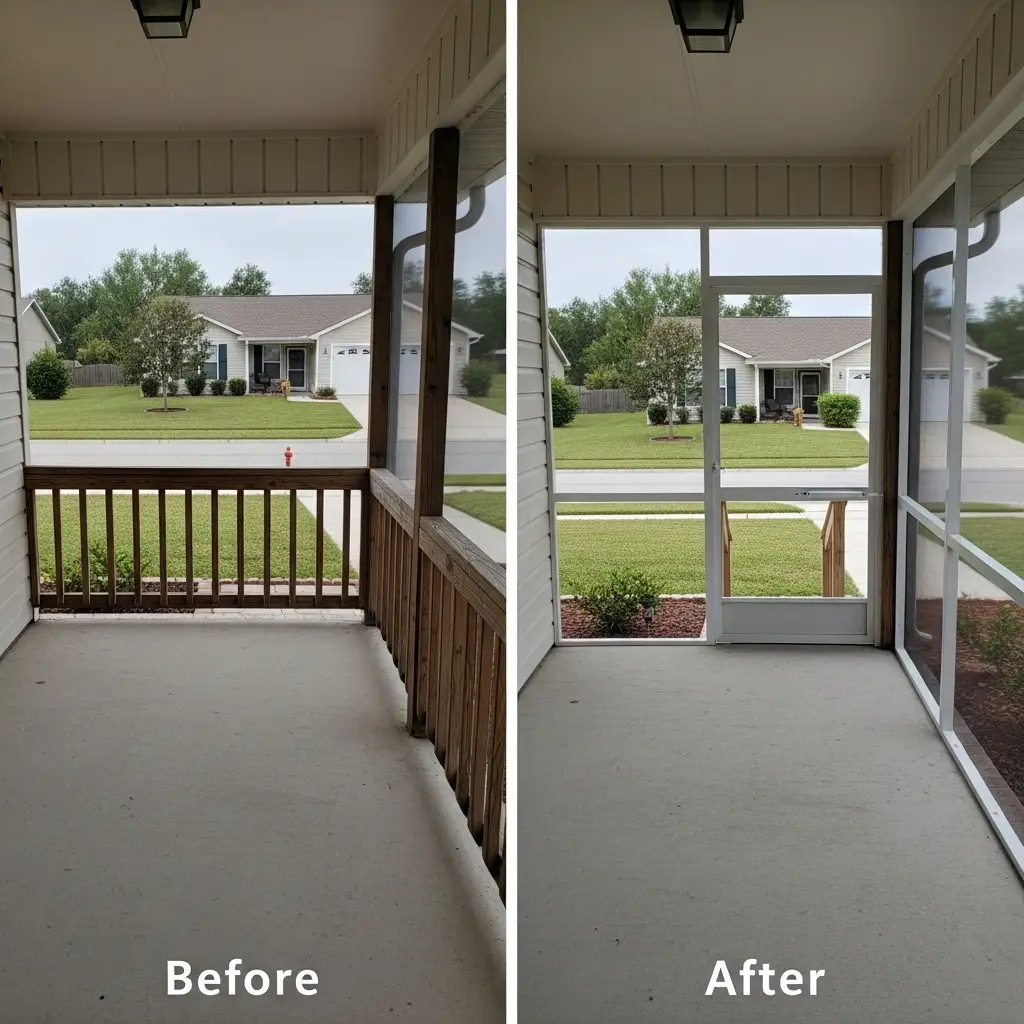 before and after porch screen repair showing enclosed entryway with new panels in Titusville, FL
