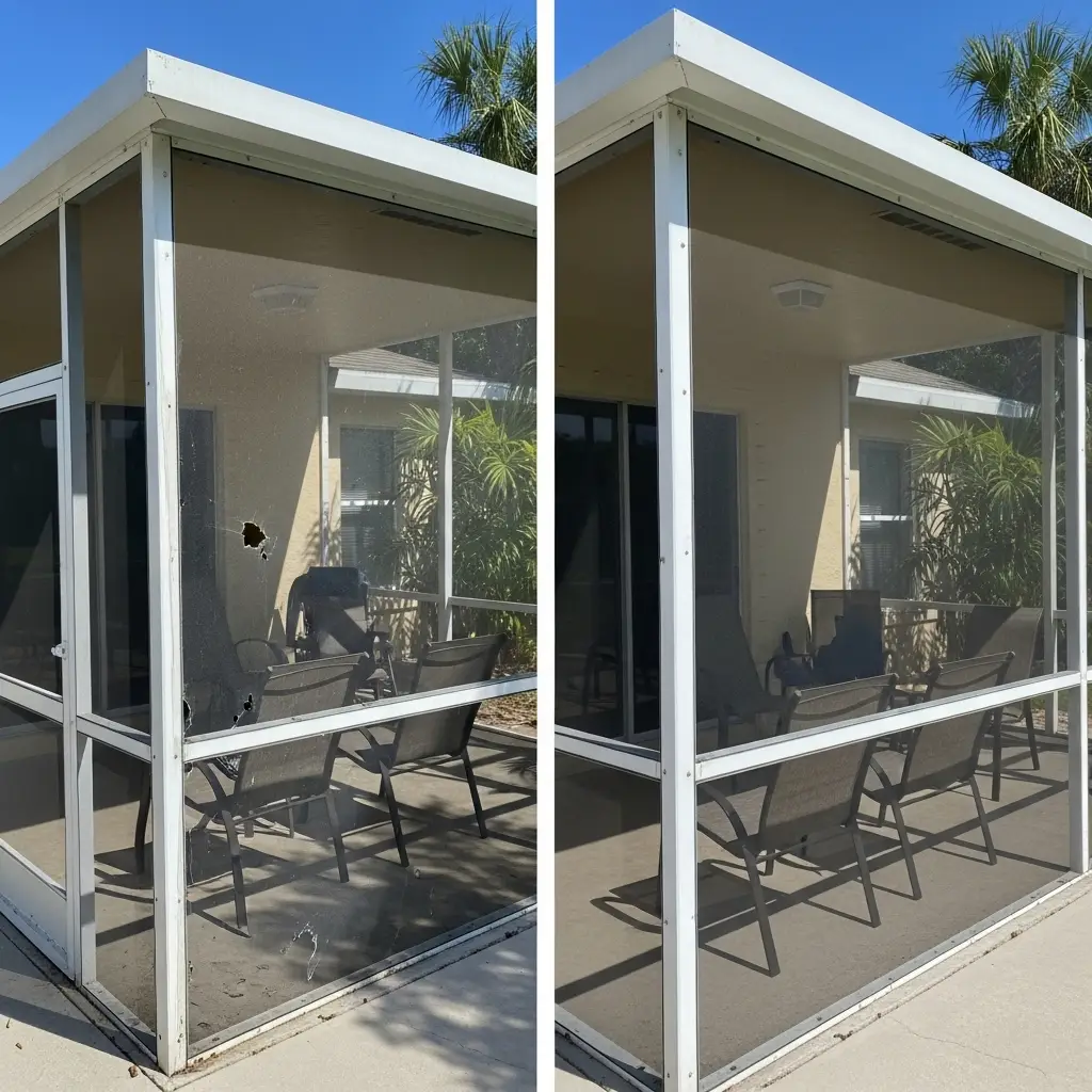 before and after lanai screen repair showing restored patio enclosure panels in Titusville, FL