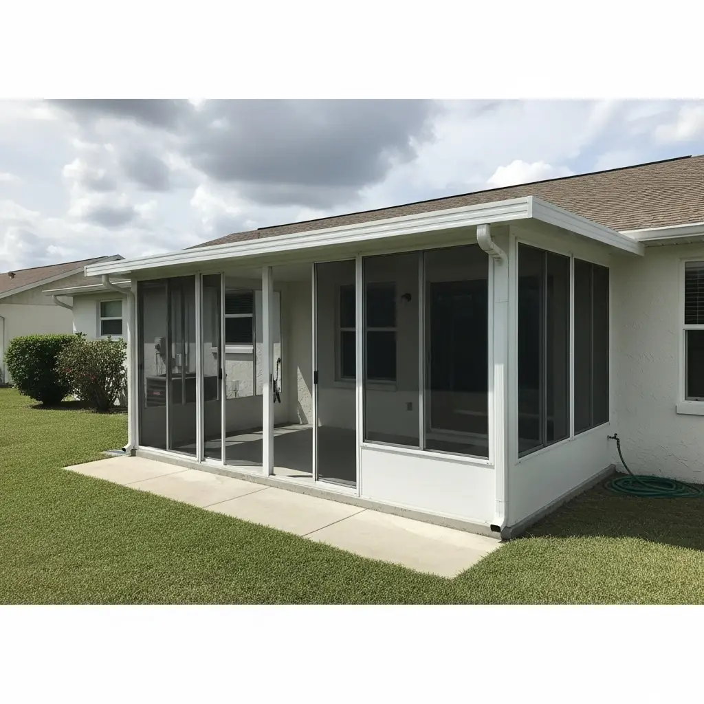 lanai screen repair on residential patio enclosure with white aluminum frame in Titusville, FL