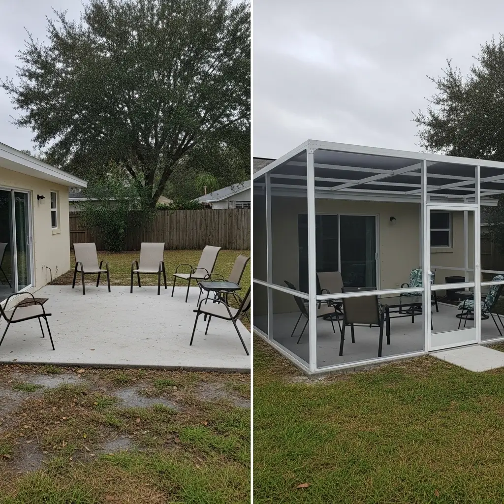 before and after patio screen enclosure installation on residential backyard in Titusville, FL