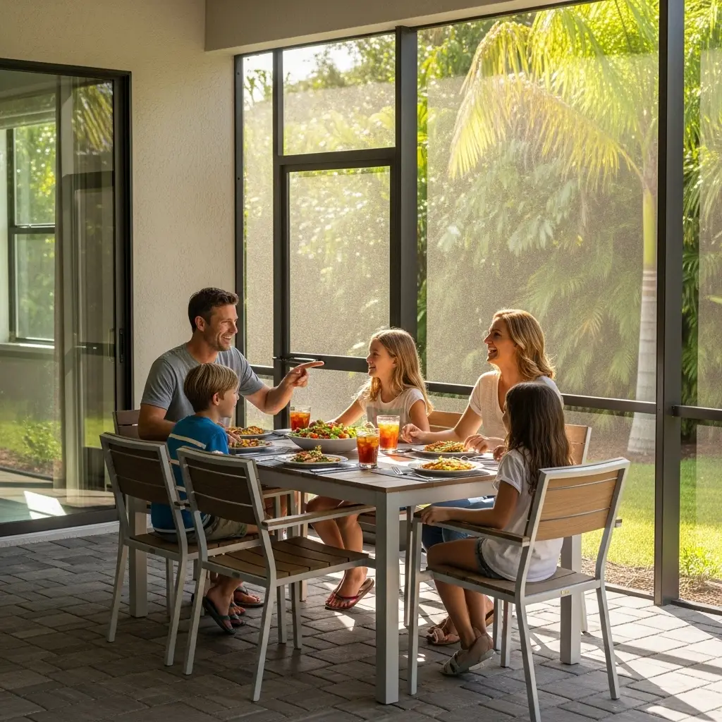 family enjoying meal inside newly built patio screen enclosure in Titusville, FL