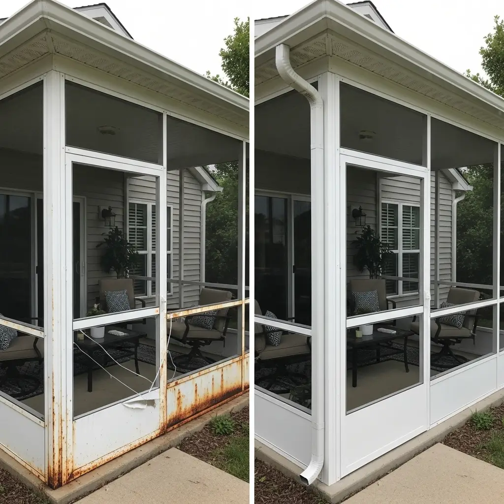 before and after patio screen replacement showing restored aluminum frame in Titusville, FL