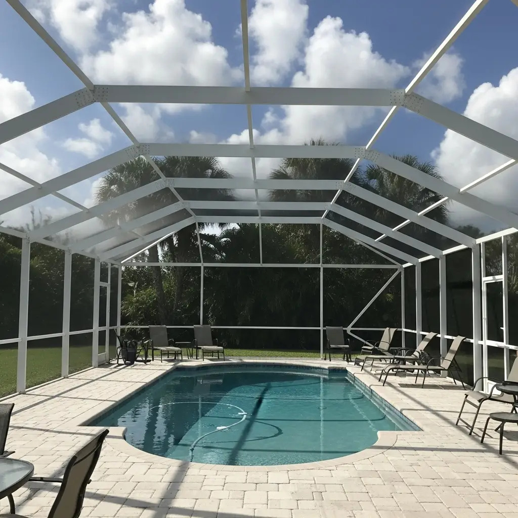 newly installed pool cage enclosure with white aluminum framing in Titusville, FL