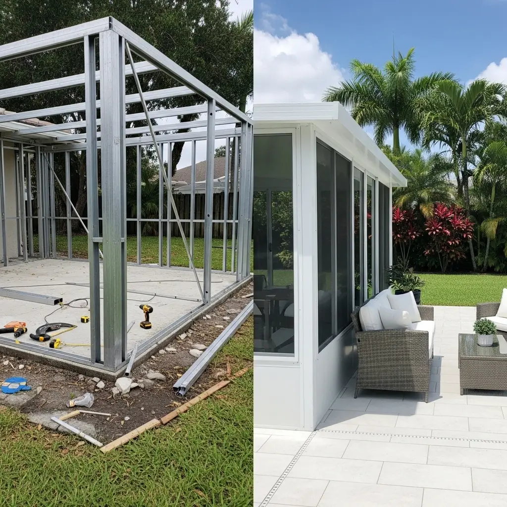 before and after pool cage rescreening showing completed sunroom installation in Titusville, FL