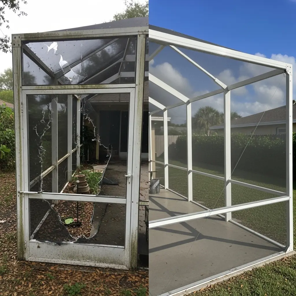 before and after pool cage screen repair showing restored enclosure panels in Titusville, FL