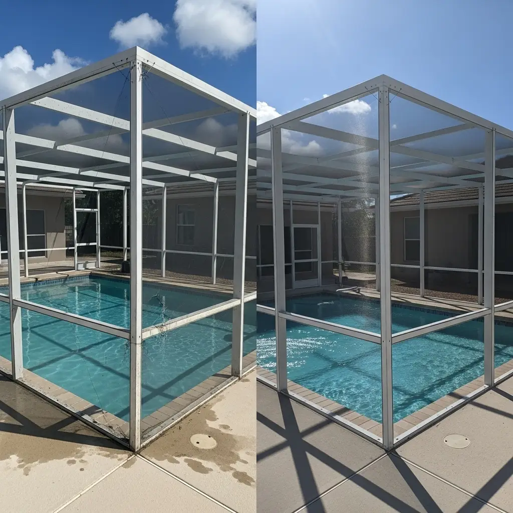 before and after pool enclosure screen repair showing restored aluminum frame in Titusville, FL