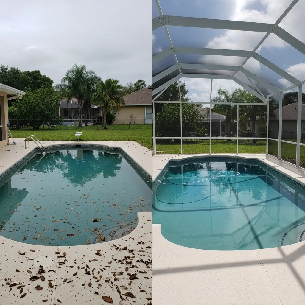before and after pool enclosure screen installation showing cleaner pool area in Titusville, FL