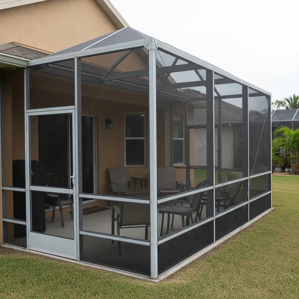 newly built pool screen enclosure attached to residential home in Titusville, FL