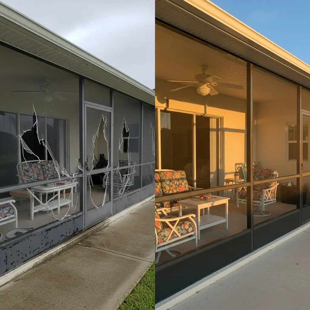 before and after porch screen repair showing restored patio enclosure in Titusville, FL