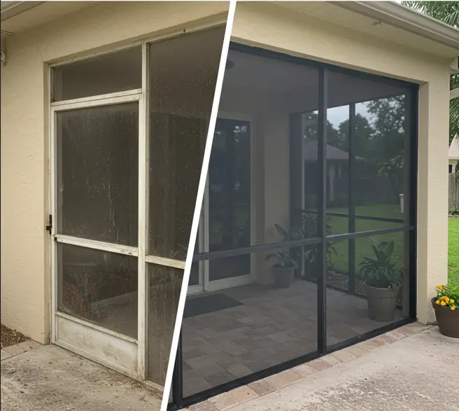 before and after screen door repair showing restored entryway enclosure in Titusville, FL