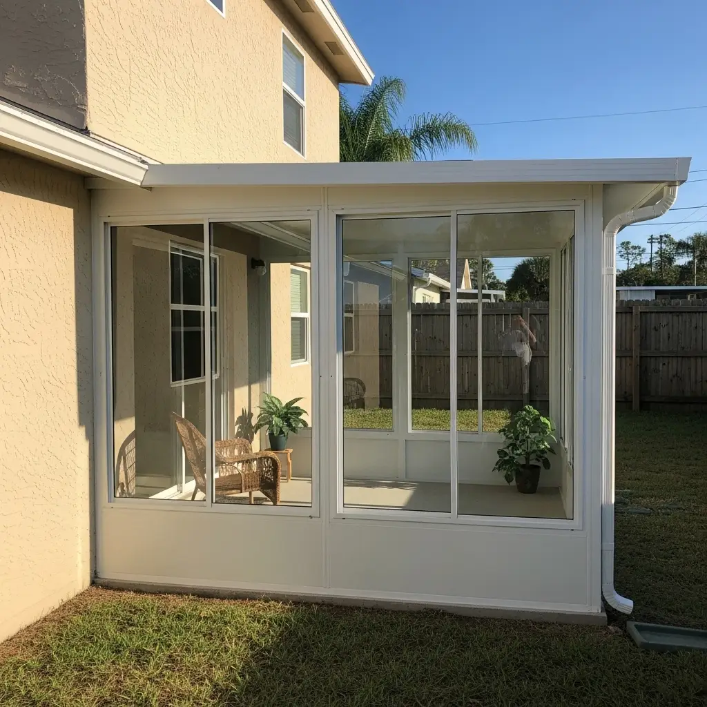 newly installed sunroom screen enclosure on residential patio in Titusville, FL backyard