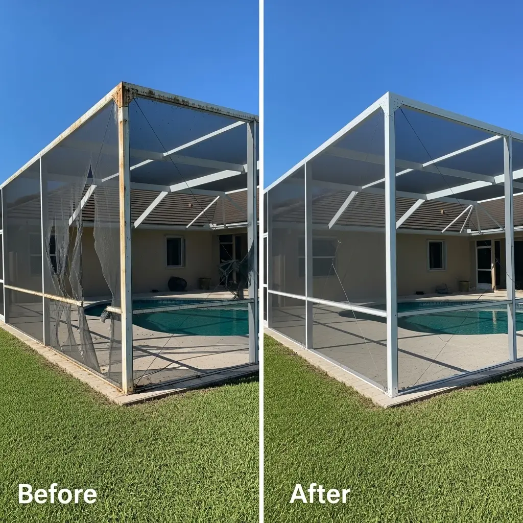 before and after pool screen replacement showing restored enclosure structure in Titusville, FL