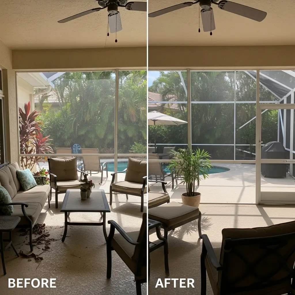 before and after sunroom window screen repair in residential patio area Titusville, FL
