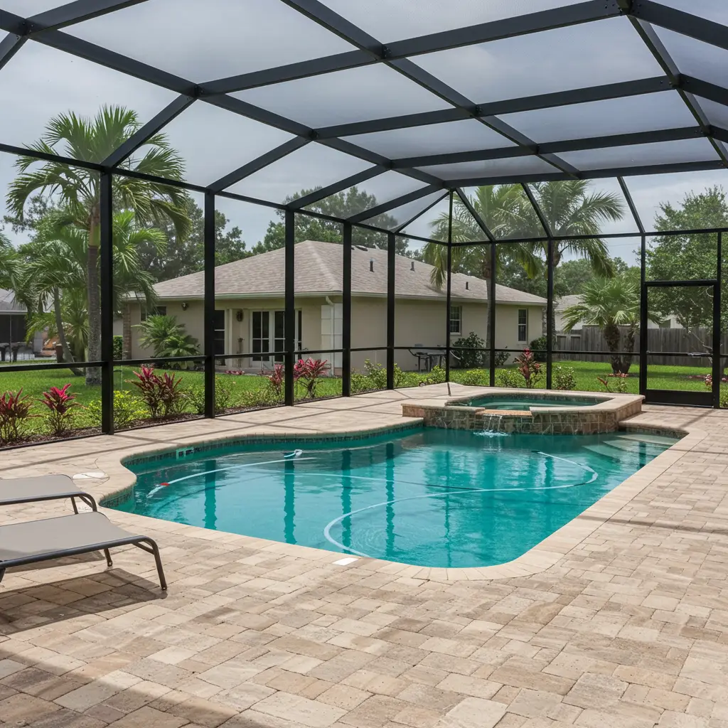 screen enclosure over residential pool and spa area in Titusville, FL backyard
